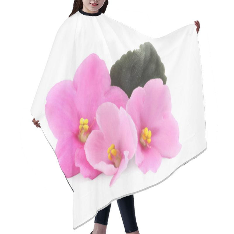 Personality  Pink Flowers Of Violet Plant And Green Leaf On White Background Hair Cutting Cape