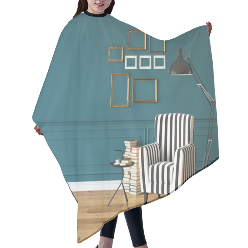 Personality  Living Room With An Armchair And Books, 3d Rendering Hair Cutting Cape