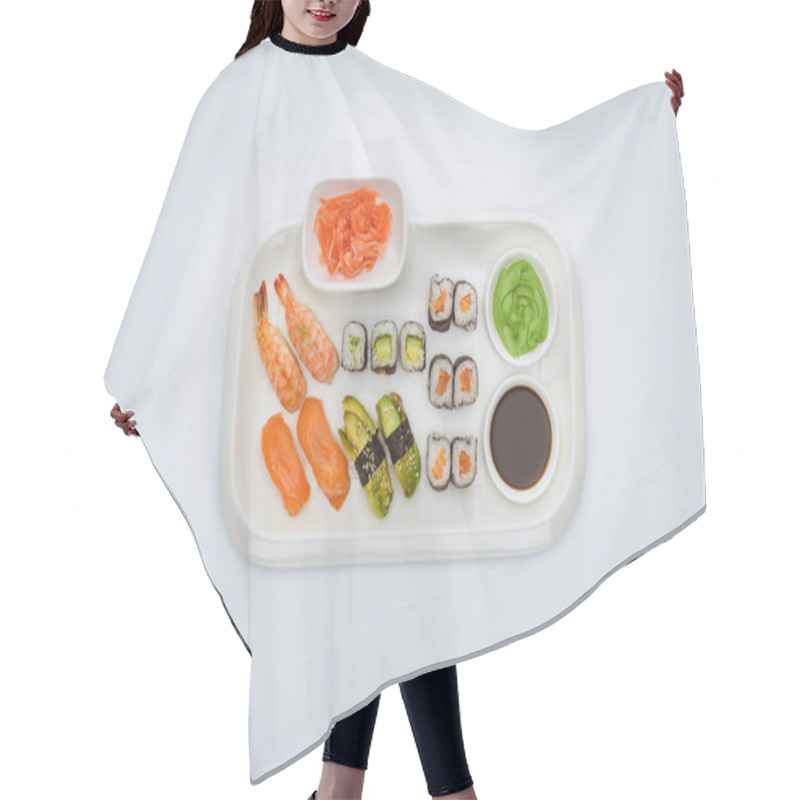 Personality  Top View Of Delicious Sushi Set With Soy Sauce, Ginger And Wasabi Isolated On White Hair Cutting Cape