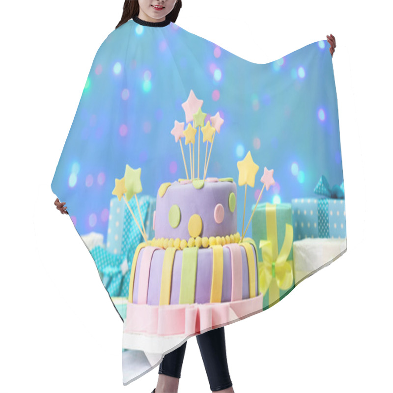 Personality  Delicious Birthday Cake On Shiny Blue Background Hair Cutting Cape