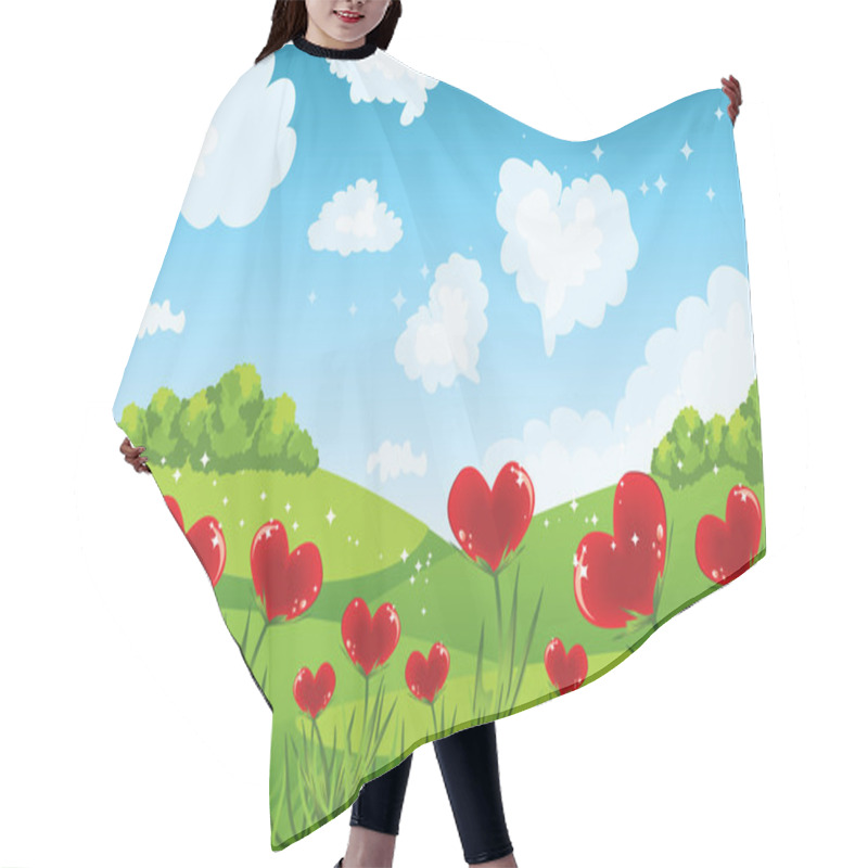 Personality  Heart Shaped Flowers With Grass And Sky Hair Cutting Cape