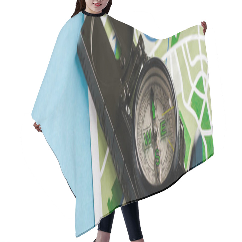 Personality  Panoramic Shot Of Retro And Black Compass On Map On Blue  Hair Cutting Cape