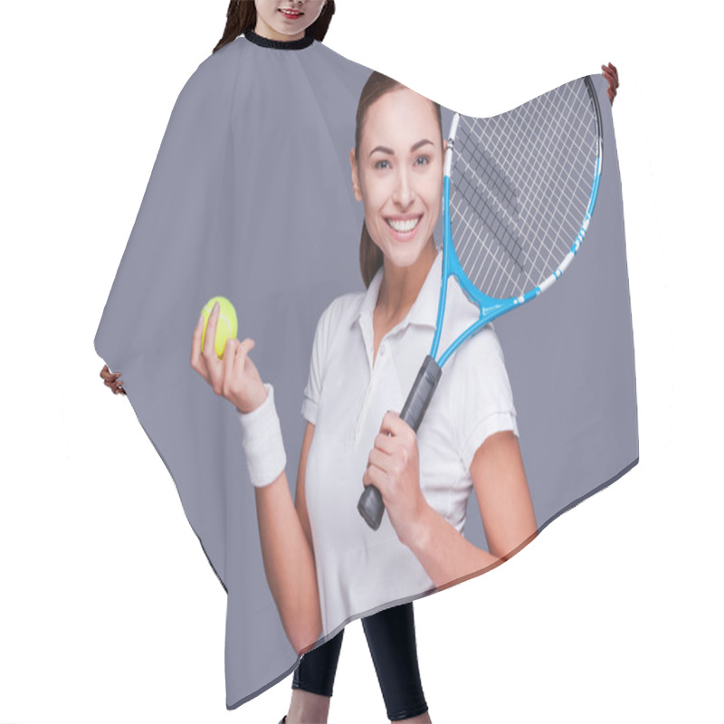 Personality  Woman Holding Tennis Racket Hair Cutting Cape