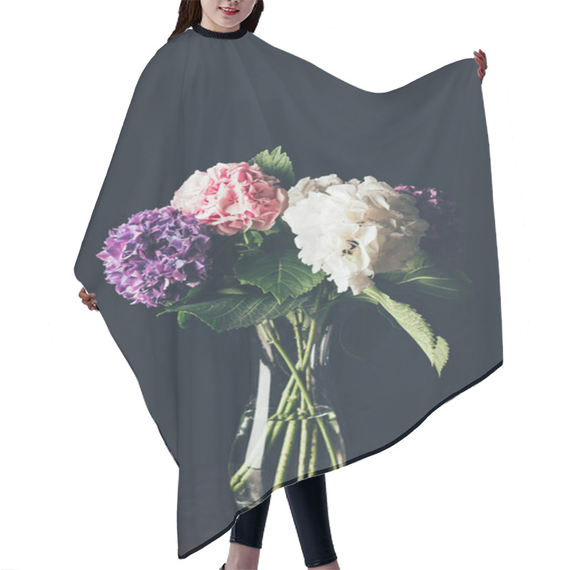 Personality  Pink, White And Purple Hortensia Flowers In Glass Vase, On Black Hair Cutting Cape