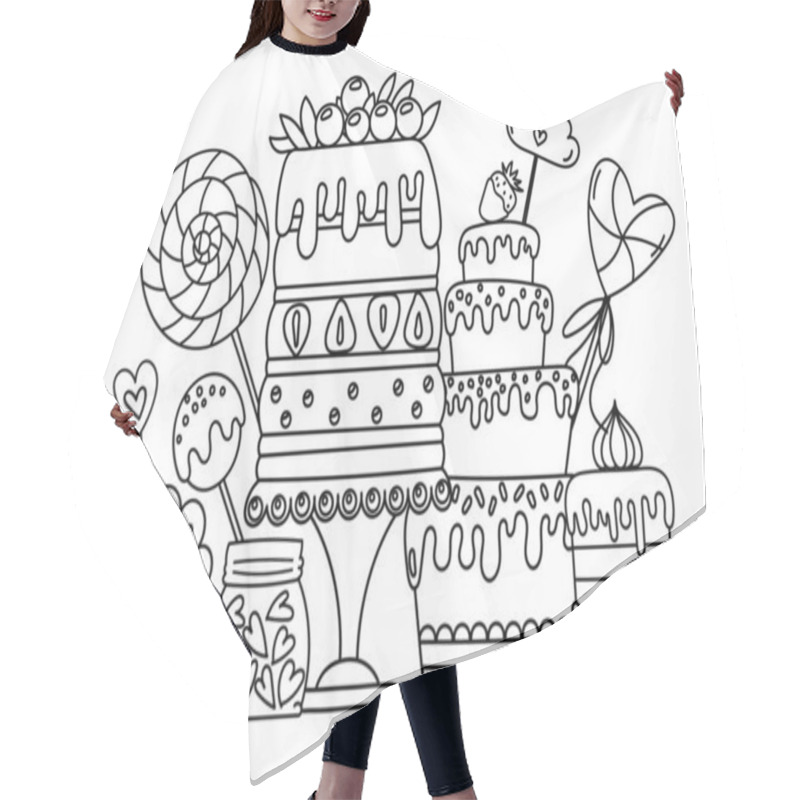 Personality  Coloring Page - Sweet Illustration With Lots Of Treats Like Cakes And Candies, A Coloring Book For Children Hair Cutting Cape