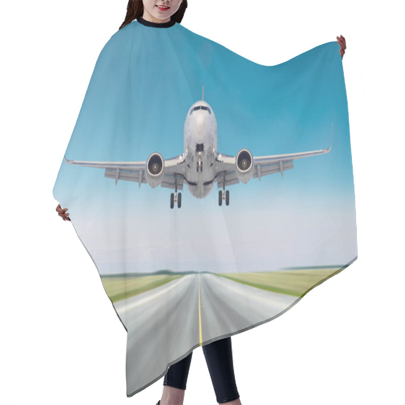 Personality  Airplane Aircraft Flying Departure After Flight, Landing Speed Motion On A Runway In The Good Weather Clear Sky Day. Hair Cutting Cape