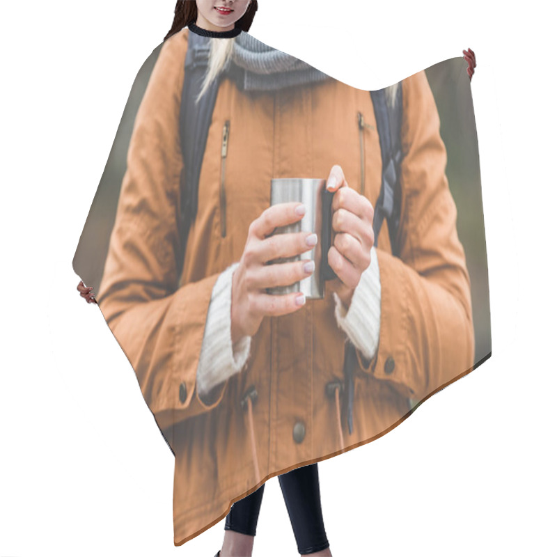 Personality  Woman Holding Cup Of Tea Hair Cutting Cape