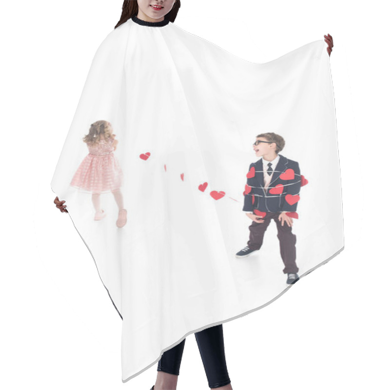 Personality  Little Girl Tying Stylish Boy With Rope And Red Hearts Isolated On White Hair Cutting Cape