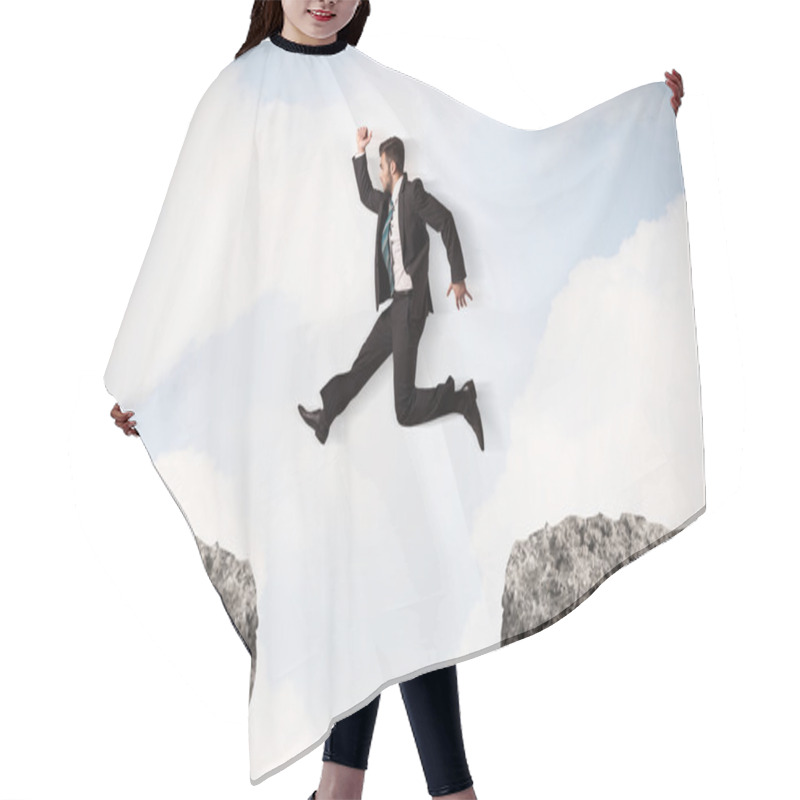 Personality  Funny Business Man Jumping Over Rocks With Gap Hair Cutting Cape