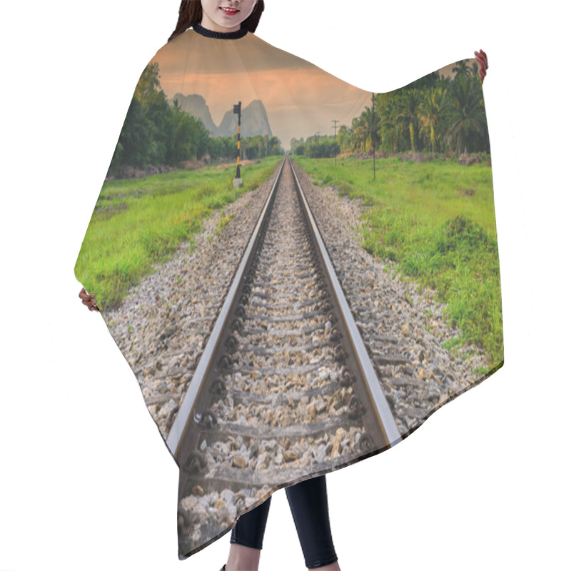 Personality  Train Railway In Natural Background At Dawn Hair Cutting Cape