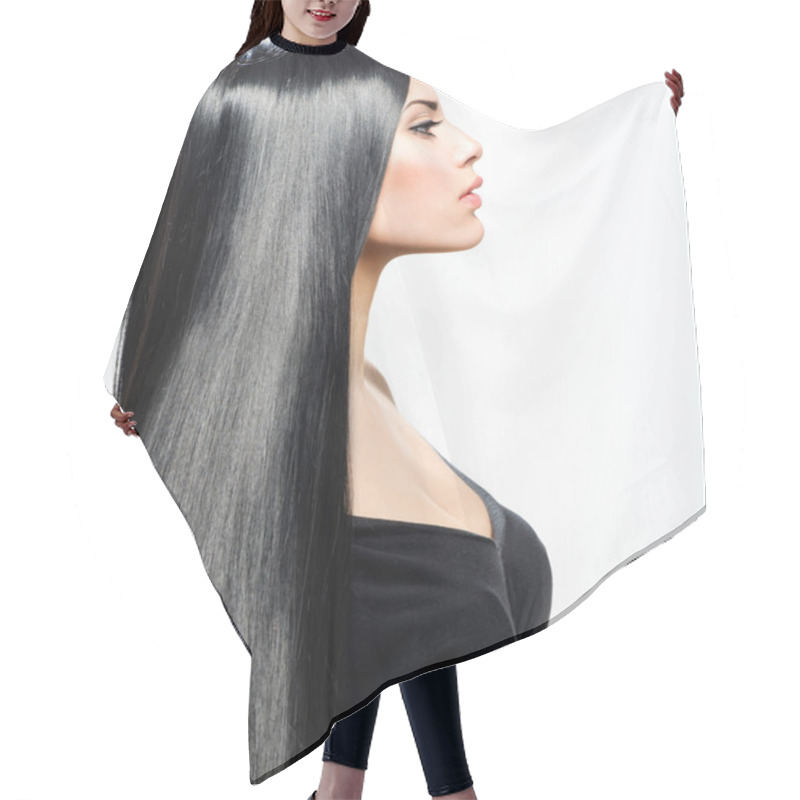 Personality  Beauty Girl With Long Straight Black Healthy Hair Hair Cutting Cape