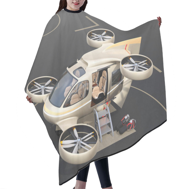 Personality  Metallic Golden Flying Car ( Air Taxi) Parking On Drone Port.  3D Rendering Image. Hair Cutting Cape