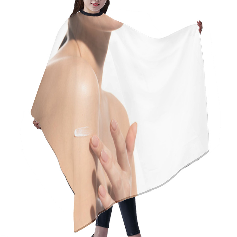 Personality  Cropped View Of Young Woman Applying Lotion On Body Isolated On White  Hair Cutting Cape