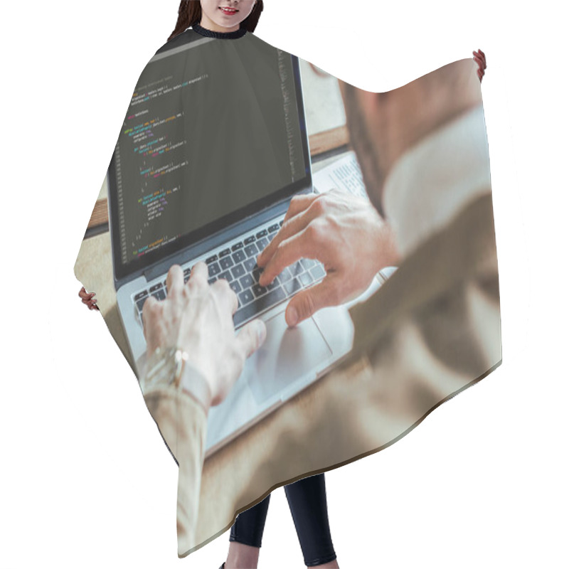 Personality  Cropped View Of Developer Using Laptop At Table  Hair Cutting Cape