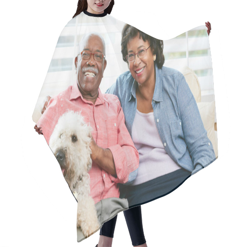 Personality  Happy Senior Couple Sitting On Sofa With Dog Hair Cutting Cape