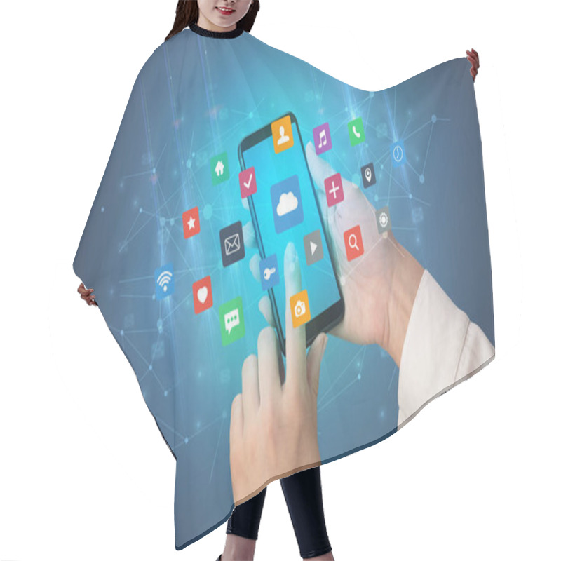 Personality  Hand Using Smartphone With Application Icons  Hair Cutting Cape