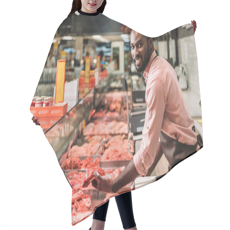 Personality  Selective Focus Of African American Male Butcher In Apron With Steak Of Raw Meat In Grocery Store Hair Cutting Cape