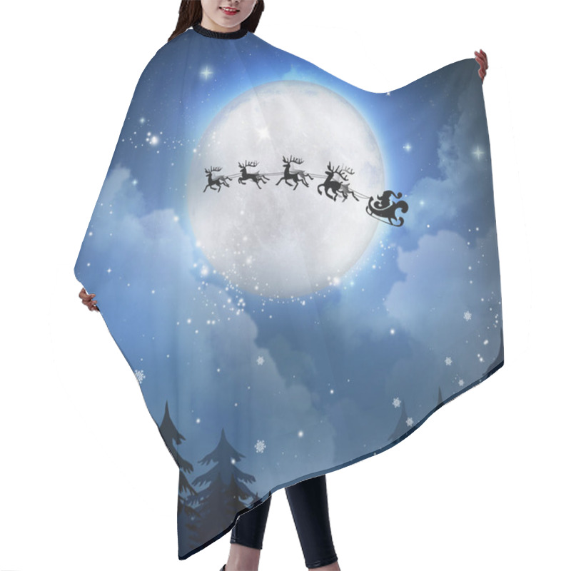 Personality  Magic Christmas Eve. Santa With Reindeers Flying In Sky On Full Moon Night Hair Cutting Cape