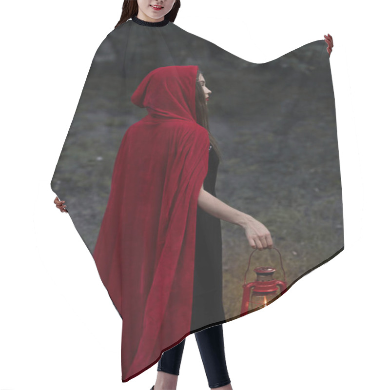 Personality  Mystic Girl In Red Cloak Walking In Dark Forest With Kerosene Lamp Hair Cutting Cape