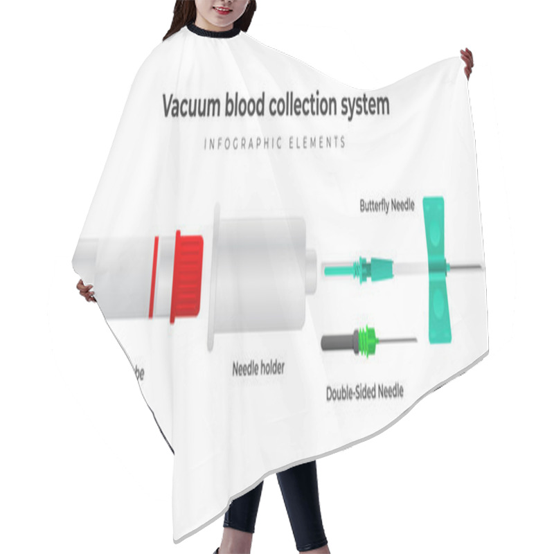 Personality  Vacuum Blood Collection System Infographic Elements. Vacuum Blood Tube, Double-sided Needle, Needle Holder, Winged Infusion Set Vector Illustration In Flat Design. Hair Cutting Cape