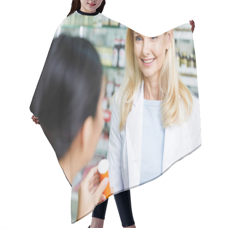 Personality  Pharmacist Giving Medication To Customer Hair Cutting Cape