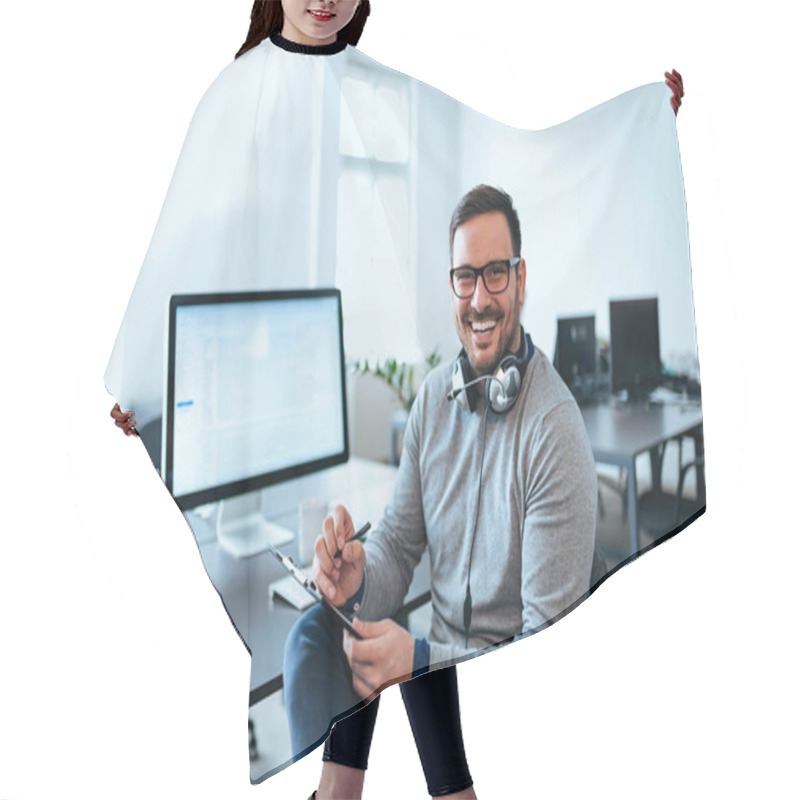 Personality  Portrait Of A Software Developer Working At Modern Office. Hair Cutting Cape