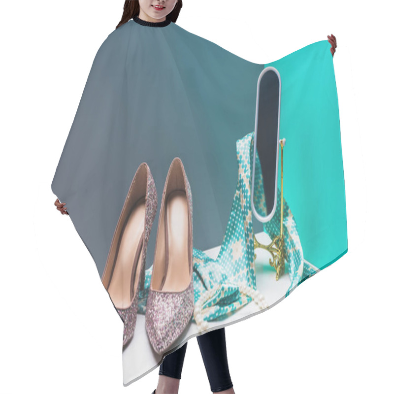 Personality  Toy Mirror With Silk Scarf And High Heels In Miniature Blue Room Hair Cutting Cape