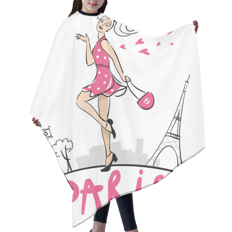 Personality  Girl Walking In Paris. Beautiful Happy Woman Walking At Paris Cityscape. Hand-made Paris Lettering. Hair Cutting Cape