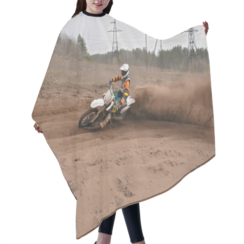 Personality  Motocross Practice Racer At Turn Of In Sandy Ruts Hair Cutting Cape