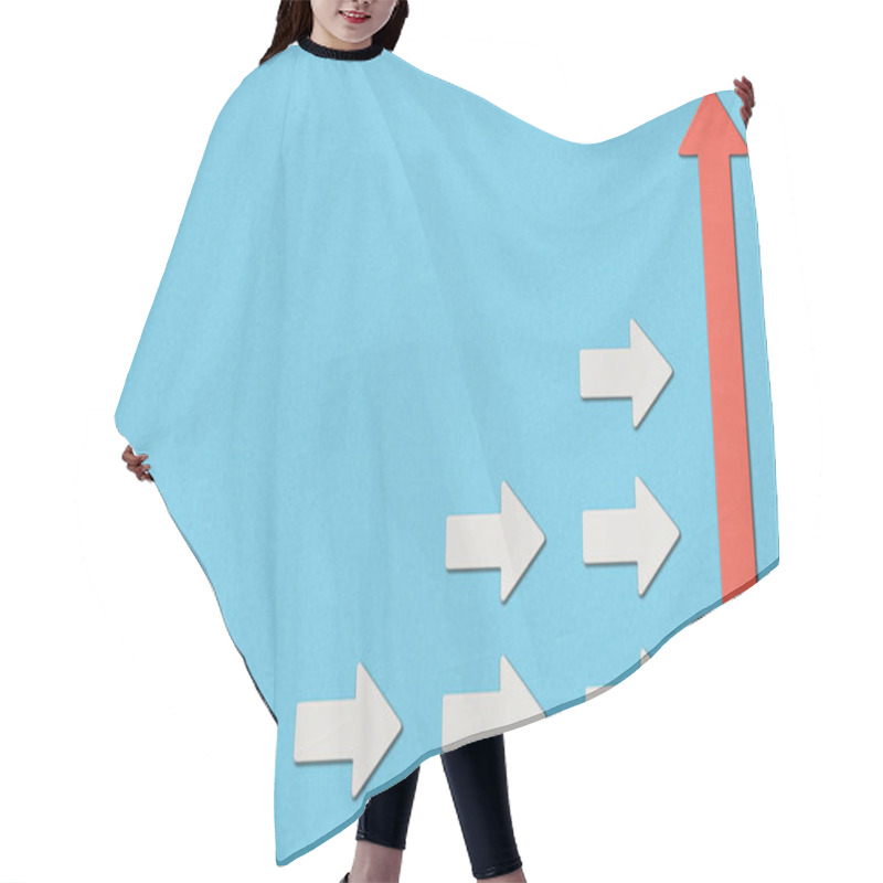 Personality  Top View Of White Arrows Directed To Big Red Pointer On Blue Background Hair Cutting Cape