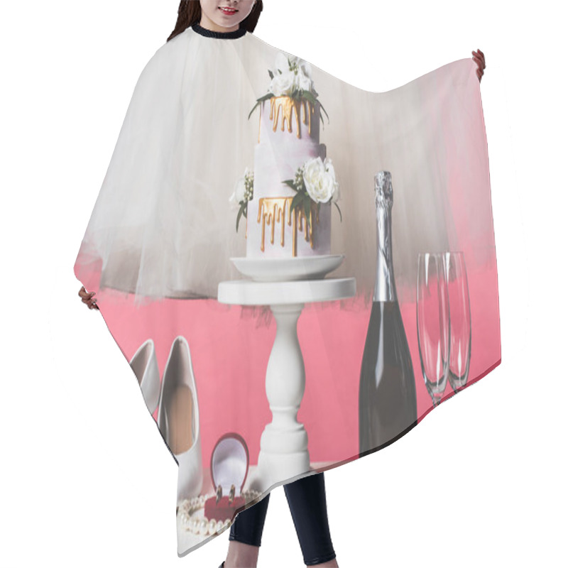 Personality  Pair Of Shoes, Wedding Cake And Champagne Isolated On Pink Hair Cutting Cape