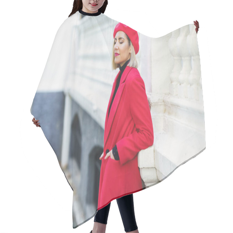 Personality  Fashionable Woman Near White Fence In Urban Background Hair Cutting Cape