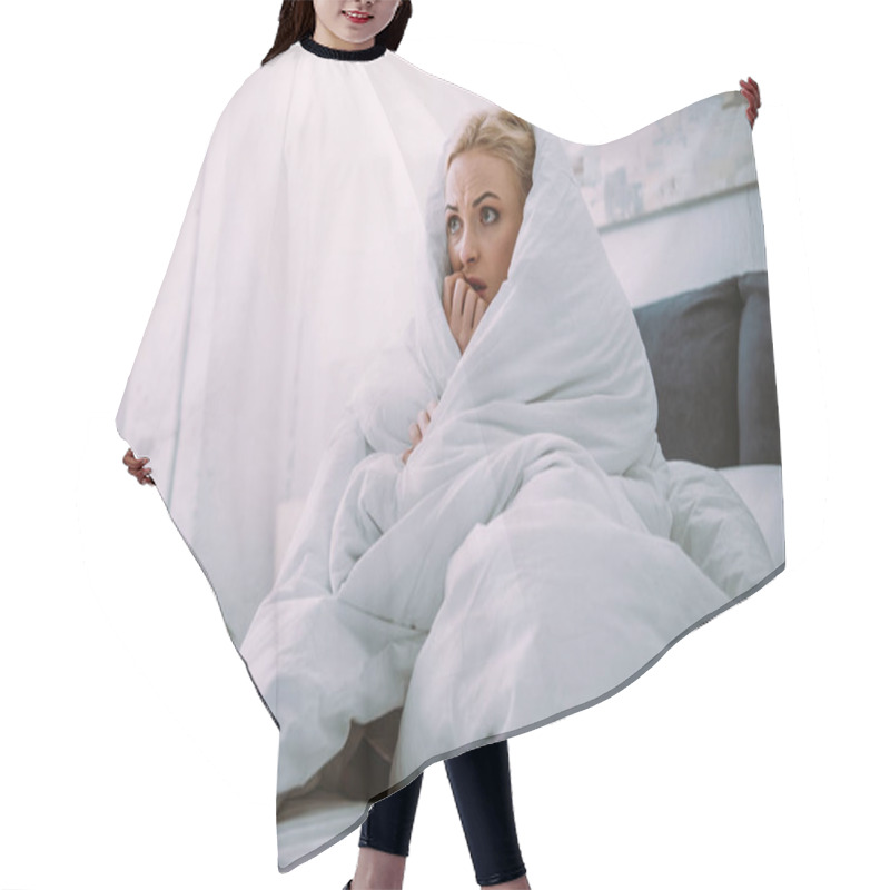 Personality  Frightened Woman Covered In Blanket Biting Hand In Bed At Home Hair Cutting Cape