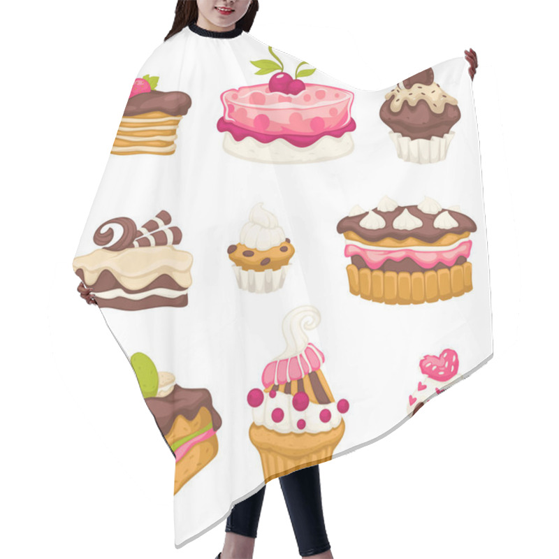 Personality  Collection Of Desserts Made Of Chocolate, Frosting And Biscuit. Isolated Set Of Baked Food, Goods With Mouse. Bakery Shop Assortment, Confectionery And Pastry With Cherry Berry On Top, Vector Hair Cutting Cape