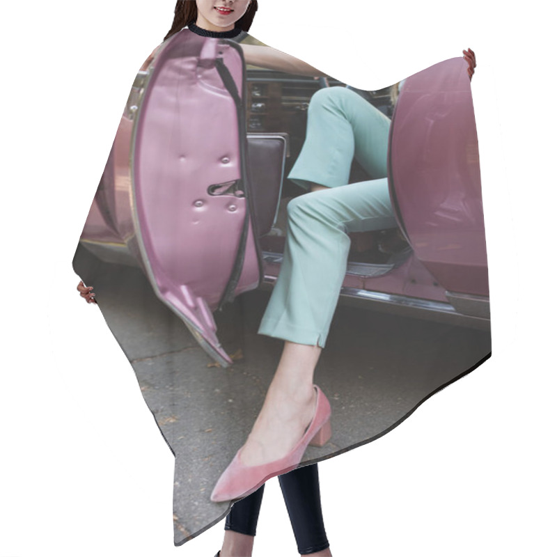 Personality  Cropped View Of Woman In Stylish Shoes Opening Door And Stepping Out Car Hair Cutting Cape