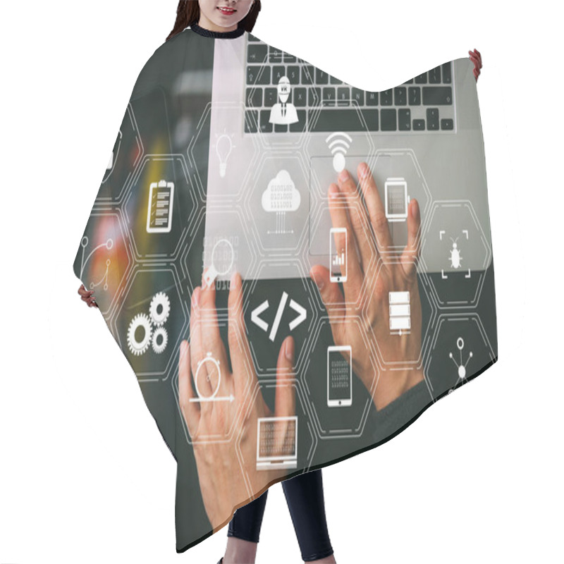 Personality  Coding Software Developer Work With Augmented Reality Dashboard Computer Icons Of Scrum Agile Development And Code Fork And Versioning With Responsive Cybersecurity.Businessman Hand Working Mobile Phone. Hair Cutting Cape