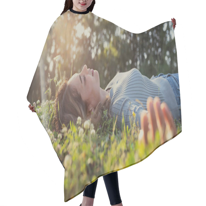 Personality  Relaxed Woman Resting On The Grass Hair Cutting Cape