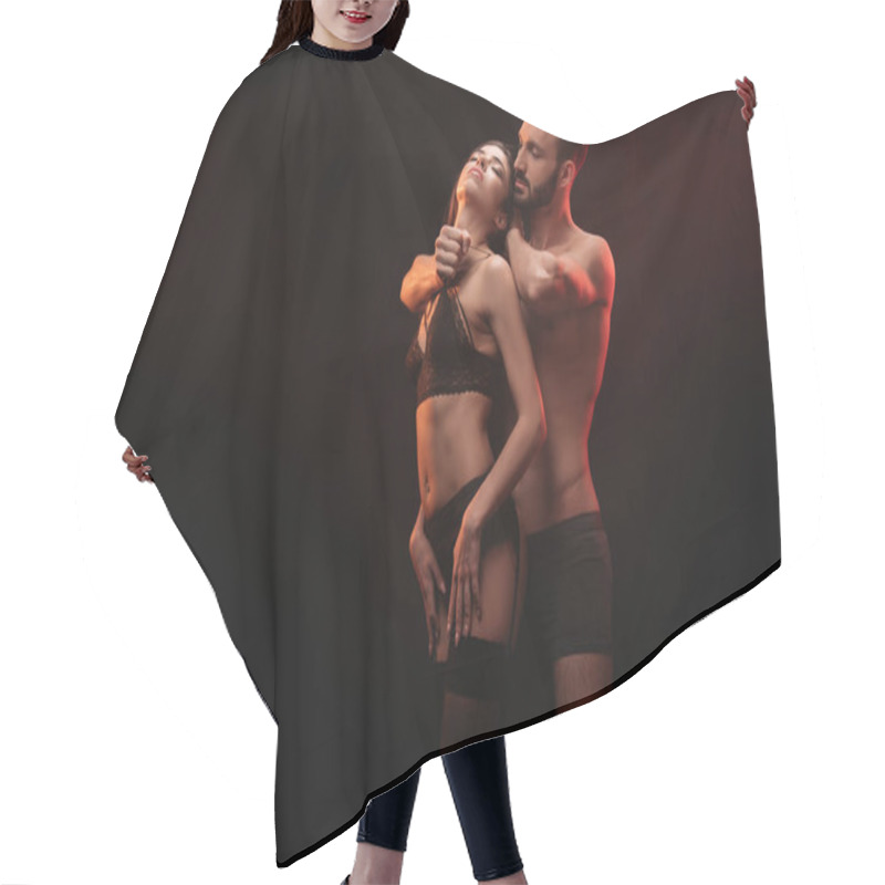 Personality  Sexuality Passionate Couple Hugging Isolated On Black Hair Cutting Cape