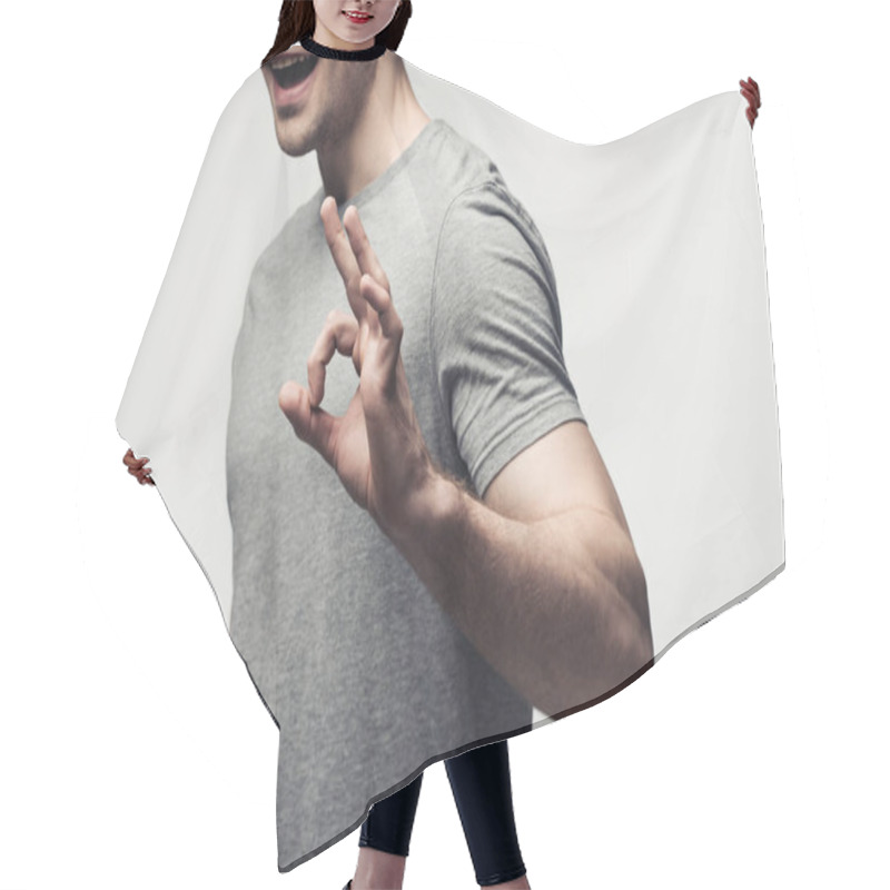 Personality  Cropped View Of Young Man Showing Ok Gesture Isolated On Grey, Human Emotion And Expression Concept Hair Cutting Cape