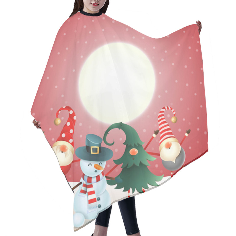 Personality  Scandinavian Gnomes And Snowman Celebrate New Year In Front Of Magical Moon - Red Snowy Background Hair Cutting Cape