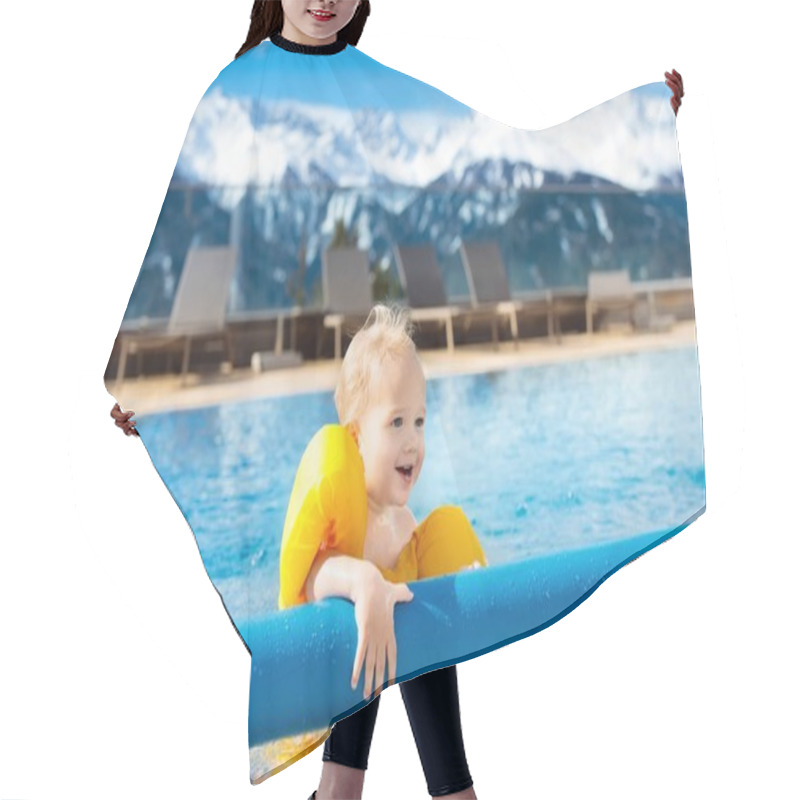 Personality  Child In Outdoor Swimming Pool Of Alpine Resort Hair Cutting Cape