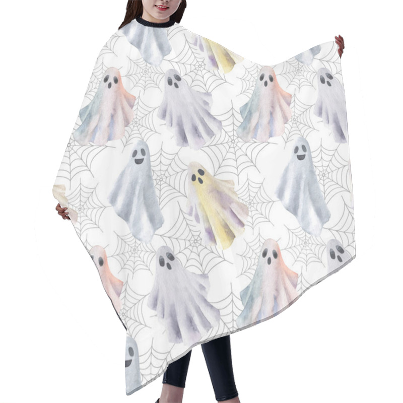 Personality  Funny Halloween Ghosts Watercolour Seamless Pattern. Halloween Illustration. Hand Drawn Style. Cute Little Ghosts With Spider Web On Web Background. Hair Cutting Cape