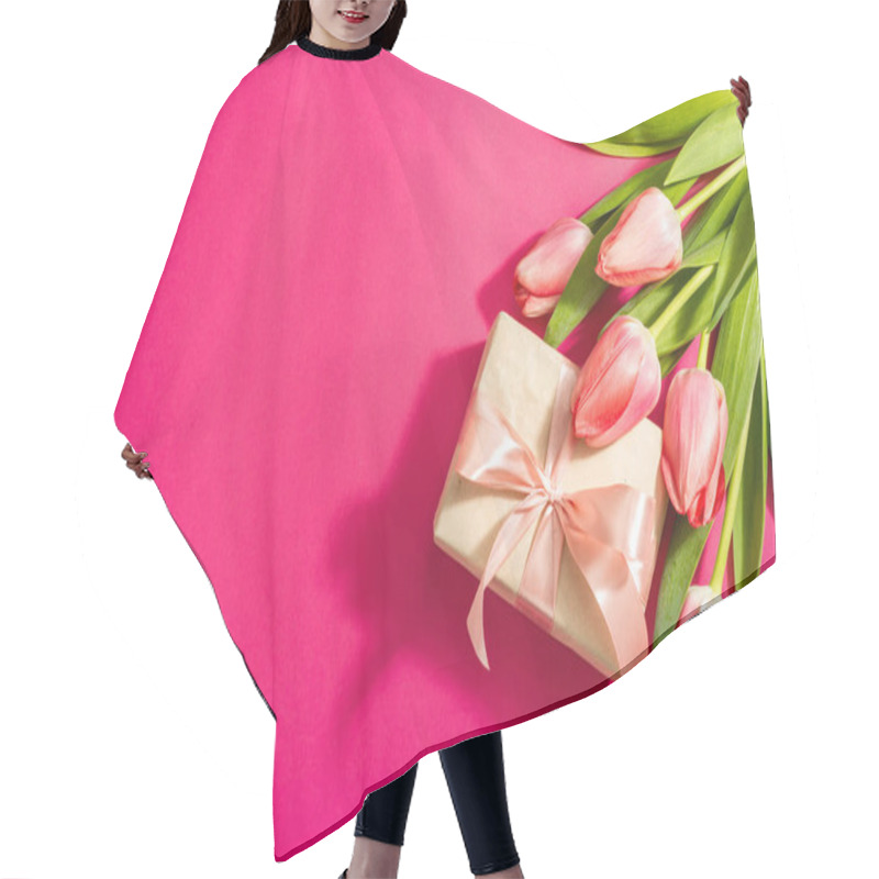 Personality  Greeting Concept Flower Composition, A Bouquet Of Pink Tulips, And A Gift. International Women's, Valentines, Or Mother's Day, Wedding. Magenta Background, Flat Lay Hair Cutting Cape