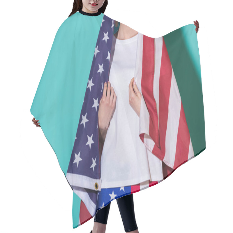 Personality  Partial View Of Woman In White Shirt With American Flag On Blue Backdrop, Celebrating 4th July Concept Hair Cutting Cape