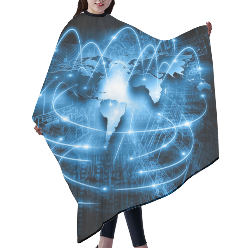 Personality  World Map On A Technological Background, Glowing Lines Symbols Of The Internet, Radio, Television, Mobile And Satellite Communications. Hair Cutting Cape