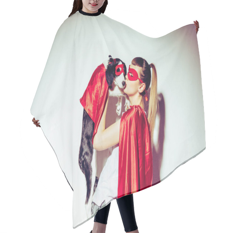 Personality  Side View Of Woman Kissing Puppy In Superhero Costume Hair Cutting Cape