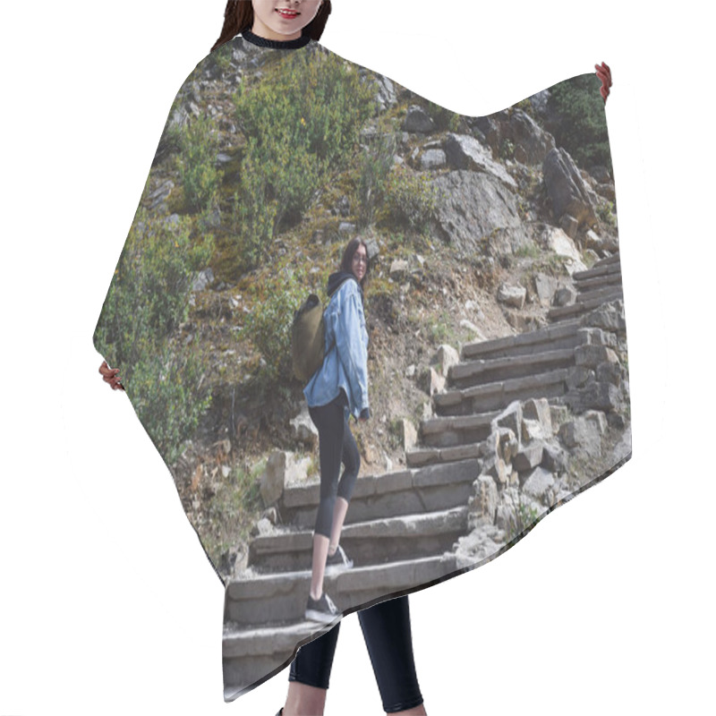 Personality  Young Woman With Backpack On A Hike Walking Up Banff National Park Trail Hair Cutting Cape