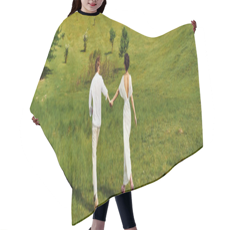 Personality  Newlyweds Holding Hands And Running In Green Field, Bride And Groom In Wedding Gown, Banner Hair Cutting Cape