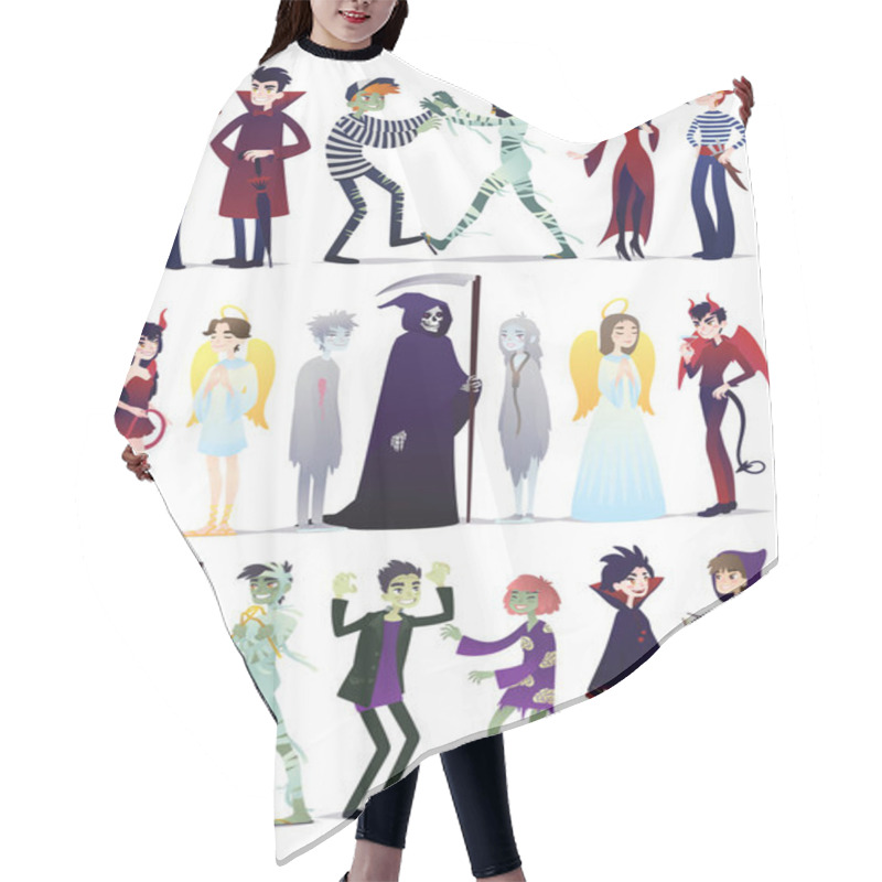 Personality  Halloween Costumes. Vector Illustration Of Young People Dressed Up For Halloween Masquerade Party Isolated On White Background. Couples Of Halloween Characters In Cartoon Style Hair Cutting Cape