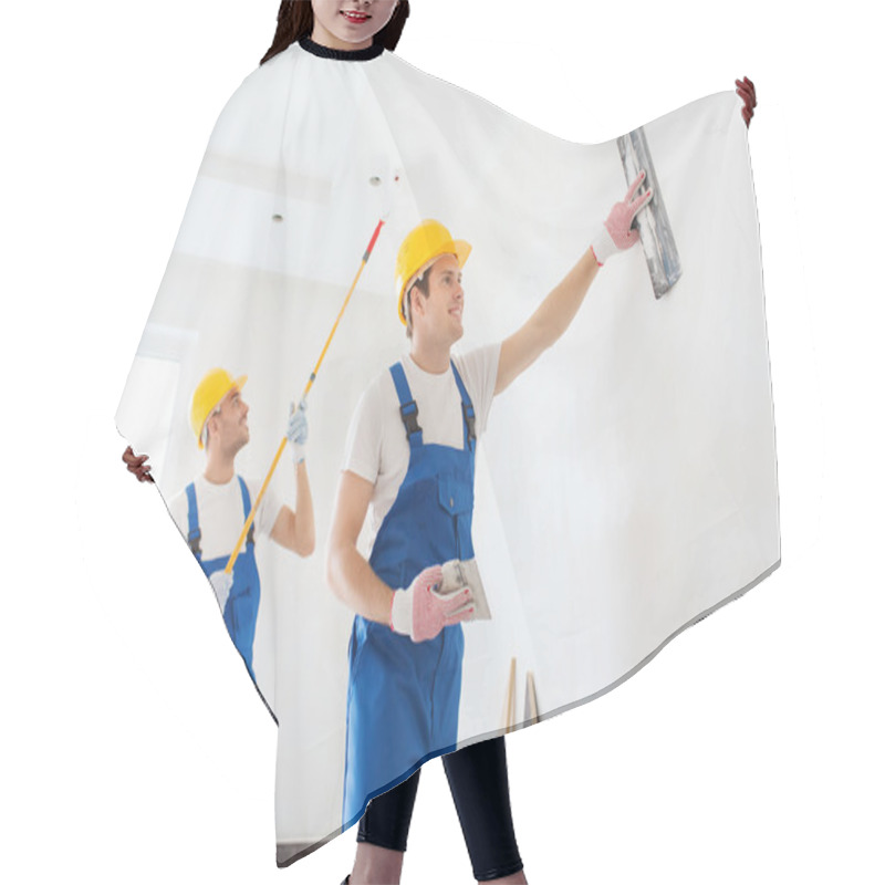 Personality  Group Of Builders With Tools Indoors Hair Cutting Cape